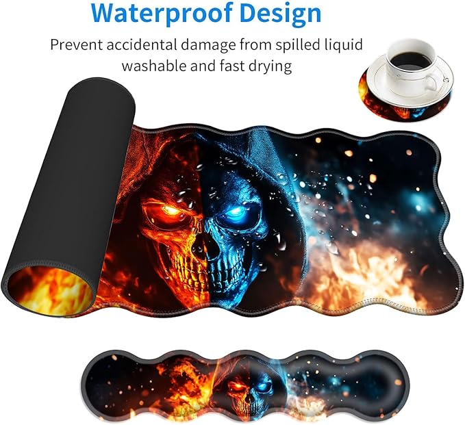 Large Mouse Pad and Keyboard Wrist Rest Desk Pad for Keyboard and Mouse 4-in-1 Large Gaming Mouse Pad with Wrist Support Desk Mat for Home Office Study Game-Flaming Skull