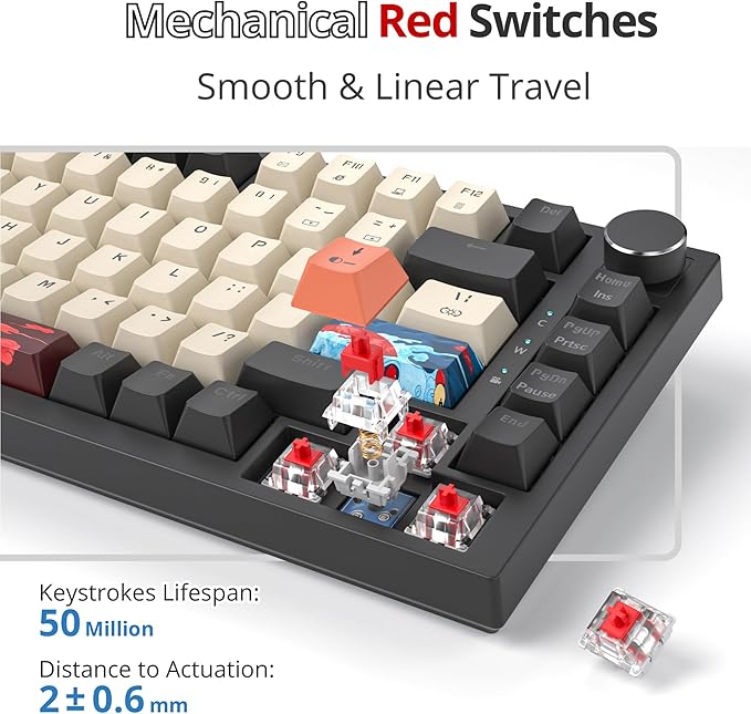 Fogruaden Wired 75 Percent Gaming Keyboard RGB Backlit 75% Percent Mechanical Keyboard Gasket Mount TKL Mechanical Keyboard Hot Swappable Red Switch NKRO Compact Gaming Keyboard with Volume Knob