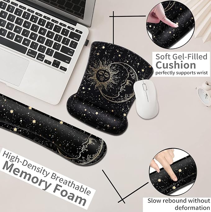 Black Mouse Pad with Stitched Edge Non-Slip Rubber Base Mythic Celestial The Sun and Moon Twelve Constellations Office Accessories Desk Decor for Computers Laptop Memory Foam Keyboard Wrist Rest