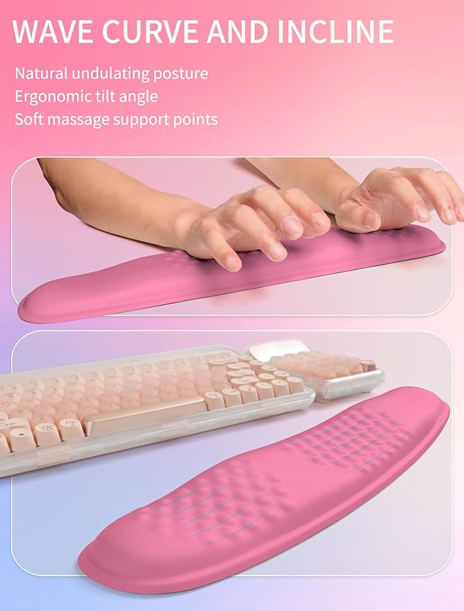 Hokafenle 2in1 Combination Wave Keyboard Wrist Rest and Ergonomic Curvature Mouse Pad Wrist Support for Relieve Wrist Pain Filled with Soft Cushion Memory Foam Tough Guy Pink