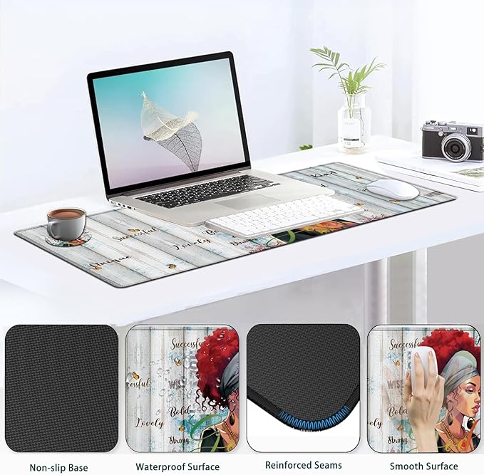 JVGFYNKL Large Gaming Mouse Pad Set Ergonomic Memory Foam Keyboard Wrist Rest Support + Mouse Wrist Rest + Extended Desk Mat with Non-Slip Rubber Base Cartoon African Girl Pattern Desk Pad