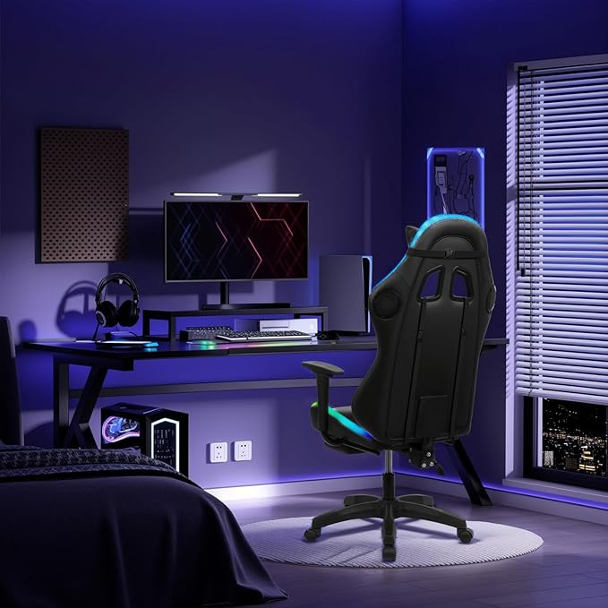 Gaming Chair with Built-in Speakers Ergonomic High Back Office Gaming Chair Massage Lumbar Support LED Lights Retractable Footrest (Colorful Side)