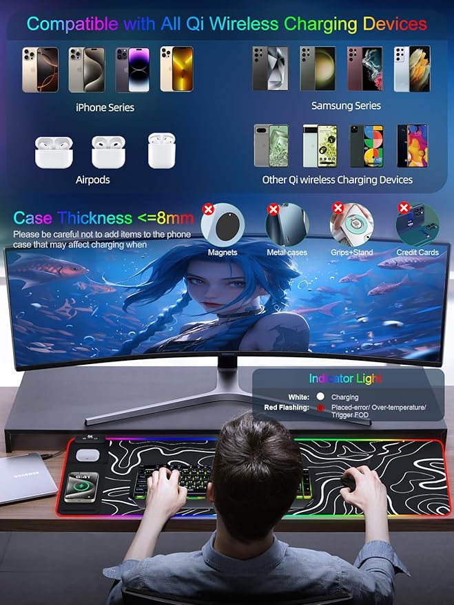 XXL Mouse Pad with Foldable Phone Holder - Black RGB Desk Mat with 15W Fast Charging LED Gaming Mousepad with 11 Light Colors Waterproof Non-Slip Pad (Stand-XXL RGB Topographic)