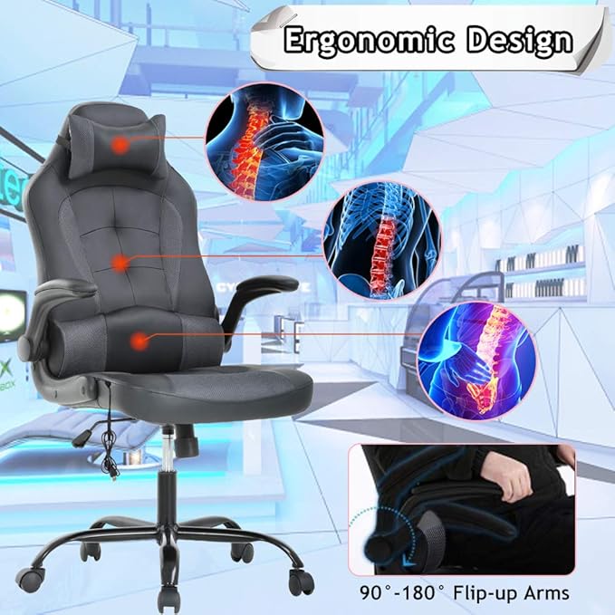 Massage Gaming Chair Ergonomic Office Chair High Back Desk Chair PU Leather Executive Chair with Lumbar Support Headrest Armrest PC Racing Computer Chair Task Rolling Swivel Chair Gery