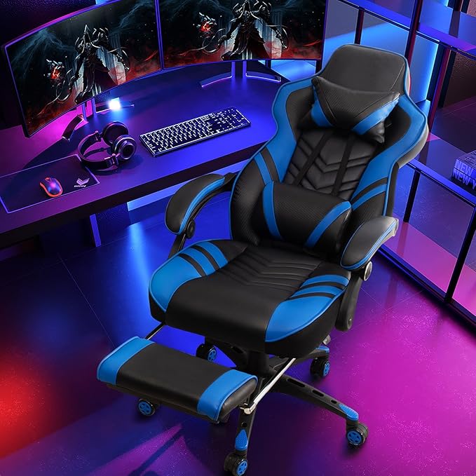 Goplus Gaming Chair Computer Chair with Footrest and Lumbar Support Height Adjustable Executive Swivel Rolling Task Chair with 90°-155° Tilt Function (Blue)