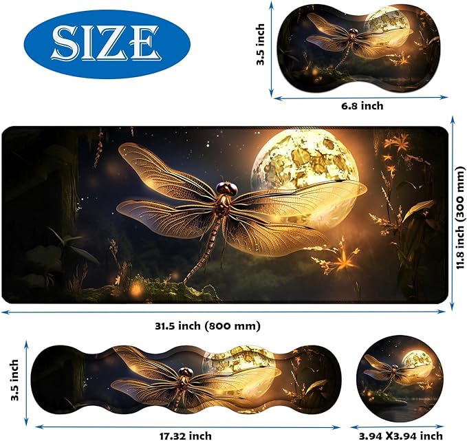 4 in 1 Mouse Pad Combo Large Gaming Mouse Pad + Keyboard Wrist Support + Mouse Wrist Rest + Coaster Table Pad 31.5 x 11.8 with Memory Foam Ergonomic Wrist Pad Set Dragonfly Under The Moon