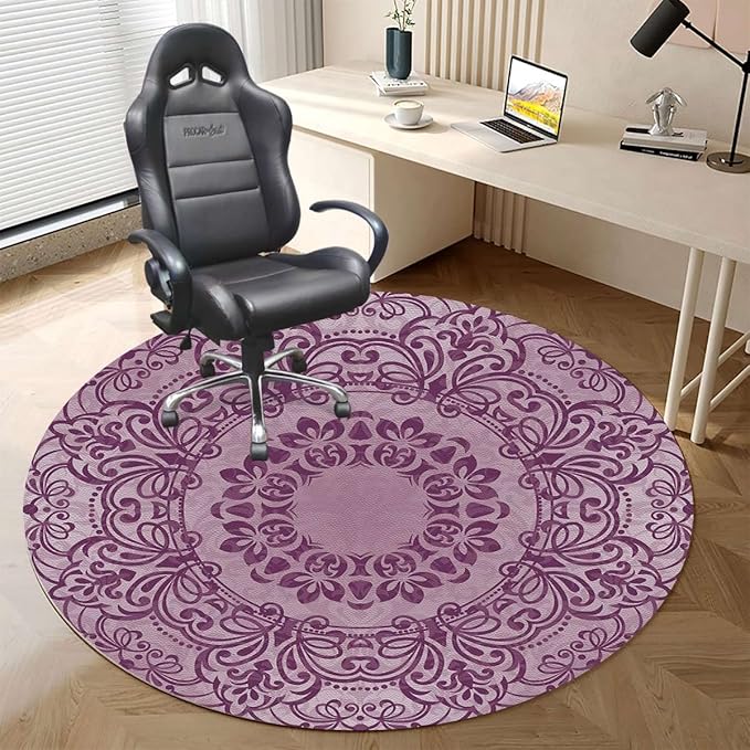 Lavender Dark Purple PU Leather Chair Mat for Hardwood Floor Anti-Slip Floor Protector Floral Elements Oriental Vintage for Home/Office Rolling Chair and Computer Desk Geometric Diameter 39.4 in