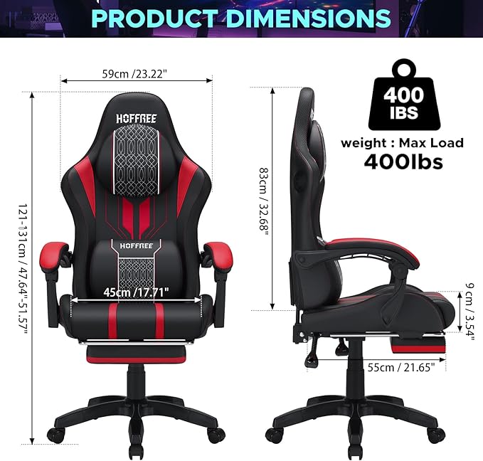 HOFFREE Led Gaming Chair with Speakers and Massage Big and Tall Video Game Chair for 400lbs with Footrest Reclining High Back Computer Chair Red Black