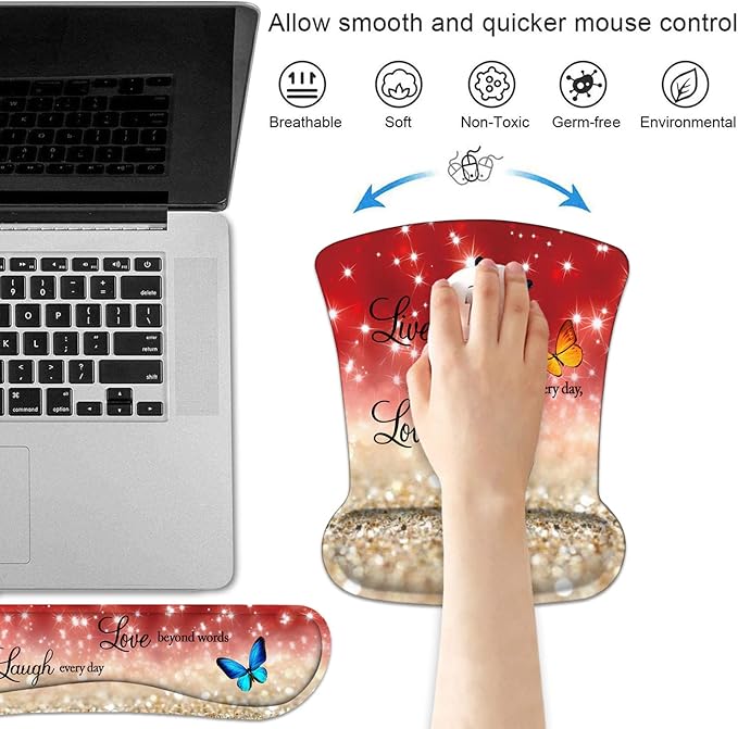 Keyboard Wrist Rest and Mouse Pad Wrist Support Set with Coasters Non-Slip PU Base Ergonomic Mousepad for Computer Laptop Home Office Easy Typing &amp Pain Relief Red Glitter Quote Live Laugh Love