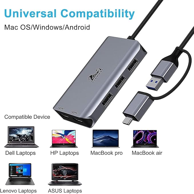 LIONWEI USB 3.0 to Dual HDMI Docking Station for Windows &amp macOS USB C Adapter 2 Monitor Splitter for MacBook Pro/Air/M1/M2/Dell/HP/Lenovo/Surface