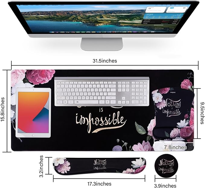 MEGREZ 4-in-1 Ergonomic Memory Foam Wrist Rest Set Desk Pad Mouse Pad with Wrist Rest Keyboard Pad Suitable for Office Workers Programmers &amp Gamers–Relieve Typing &amp Gaming Fatigue Black