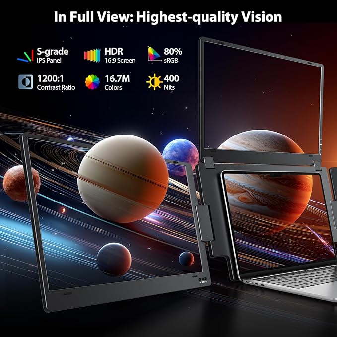 Triple Screen Laptop Monitor Extender Quad Monitor 15.6” FHD 1080P Portable Triple Monitors 1 USB-C Connection for 4 Screens Integrated Aluminum Alloy Auto Rotation Top Display for 12–17.3” Laptop