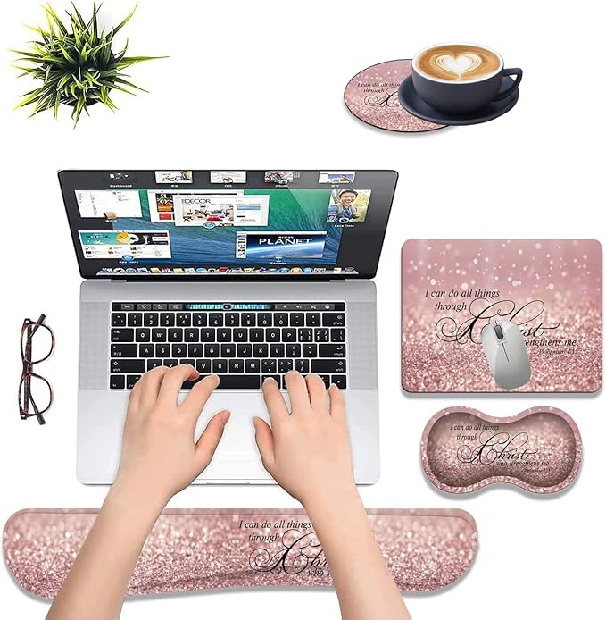 Ergonomic Keyboard Wrist Rest Pad + Wrist Rest Pad + Square Mouse Pad + Coaster Soft Lycra and Non-Slip Rubber Base Gel Memory Foam Wrist Pad Set for Pain Relief Bible 4-13 Astigmatic