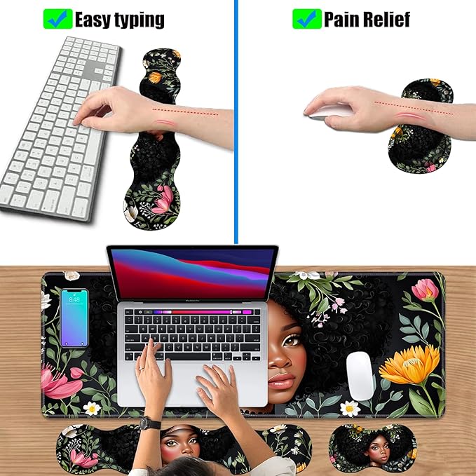 4 in 1 Ergonomic Keyboard Wrist Rest &amp Mouse Pad Wrist Rest Set Large XXL Gaming Desk Mat 31.5x 11.8 with Non-Slip Base Memory Foam for Home Office Study Gaming American Black Girl