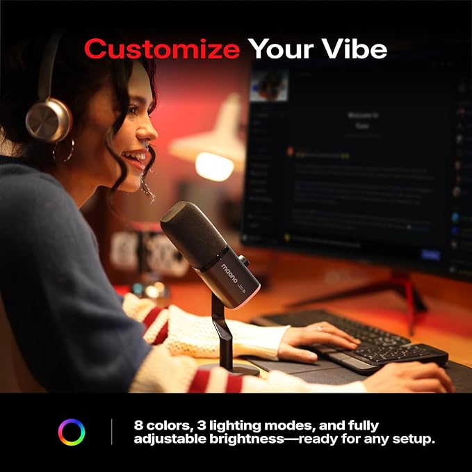 MAONO PD100WS Wireless Gaming Microphone for PC Dynamic Streaming USB Mic with 3 Level Noise CancellingRGBMute Button Software EQComputer Boom Mic for Podcast Vocal Recording Black