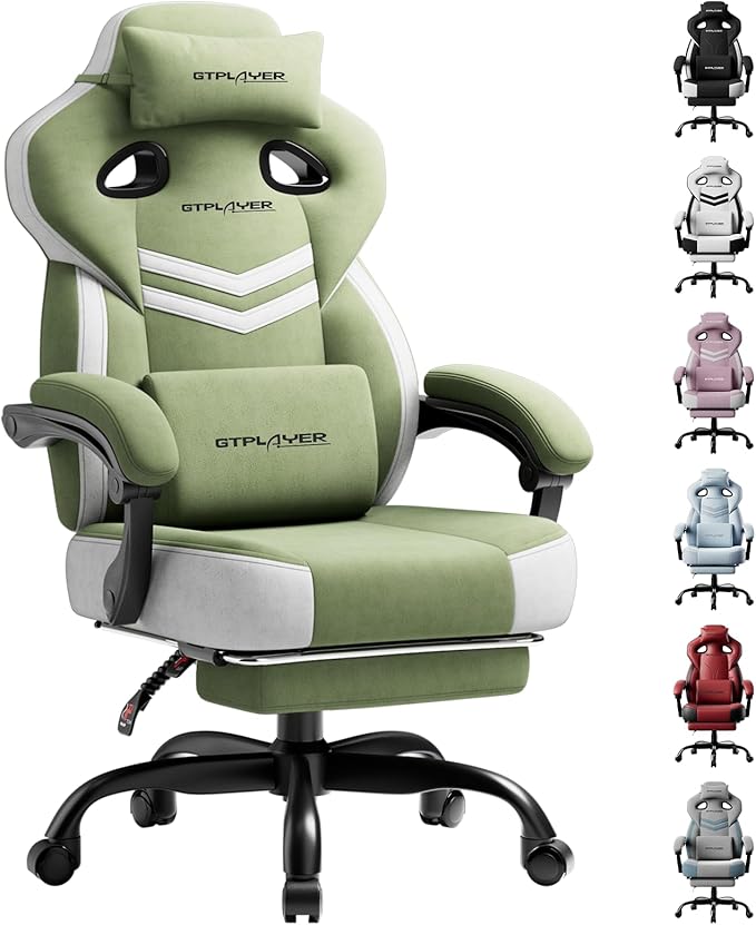 GTPLAYER Gaming Chair Computer Chair with Footrest and Lumbar Support for Adults 360°-Swivel Big &amp Tall Reclining Seat for Office or Gaming (Green)