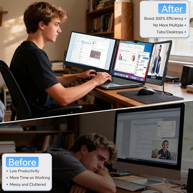 Laptop Screen Extender 14'' FHD 1080P IPS Portable Monitor for Laptop Triple Screen Extender Monitor Plug-Play for Mac/Windows/Chrome Fit 13”-17.3” Laptops