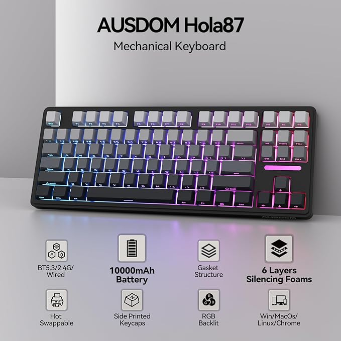 AUSDOM H87 Wireless Mechanical Keyboard 10000mAh Battery Gasket Hot Swappable Custom Keyboard with RGB Backlit Side Printed PBT Keycaps Tri-Mode BT5.3/2.4GHz/USB-C Gaming Keyboards Black Grey
