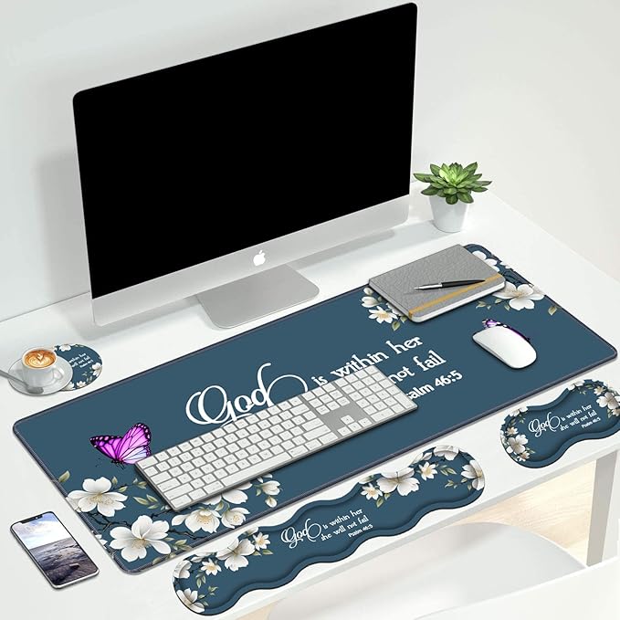 4 in 1 Ergonomic Keyboard Wrist Rest &amp Mouse Pad Wrist Rest SetLarge XXL Gaming Desk Mat 31.5x 11.8 with Non-Slip BaseMemory Foam for Home Office Study GamingFloral Quote Bible Verse Psalm 46