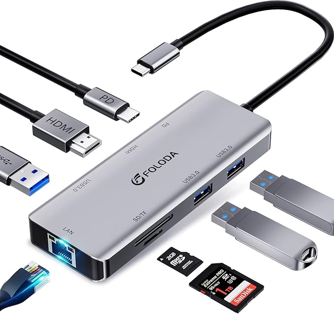 USB C HUB HDMI 4K@60Hz 8-in-1 Docking Station Multiports USB C Adapter with Gigabit Ethernet PD 100W 3*USBA 3.0 TF/SD USB C Dock Compatible for MacBook Pro/Air iPad Pro iPhone 15 Dell etc.