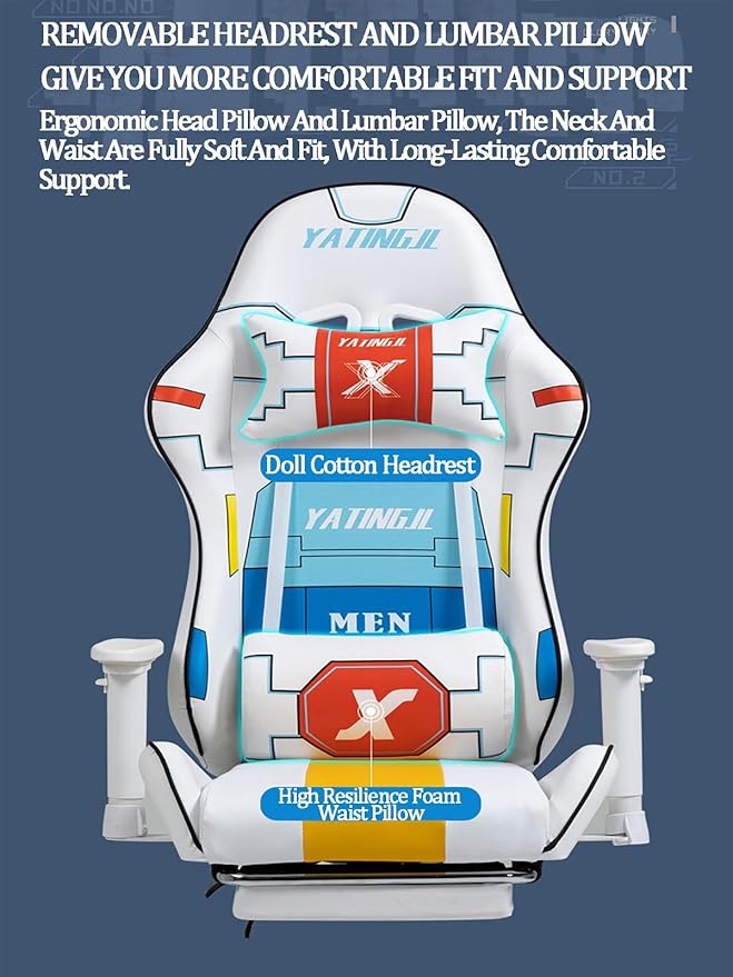 JSWHYBD Ergonomic Gaming Chair Recliner Adjustable Desk Chair Comfortable Hight Leather Swivel Computer Chair with 360°for Adult Teen Office Or Gaming Big and Tall Nofootrest White