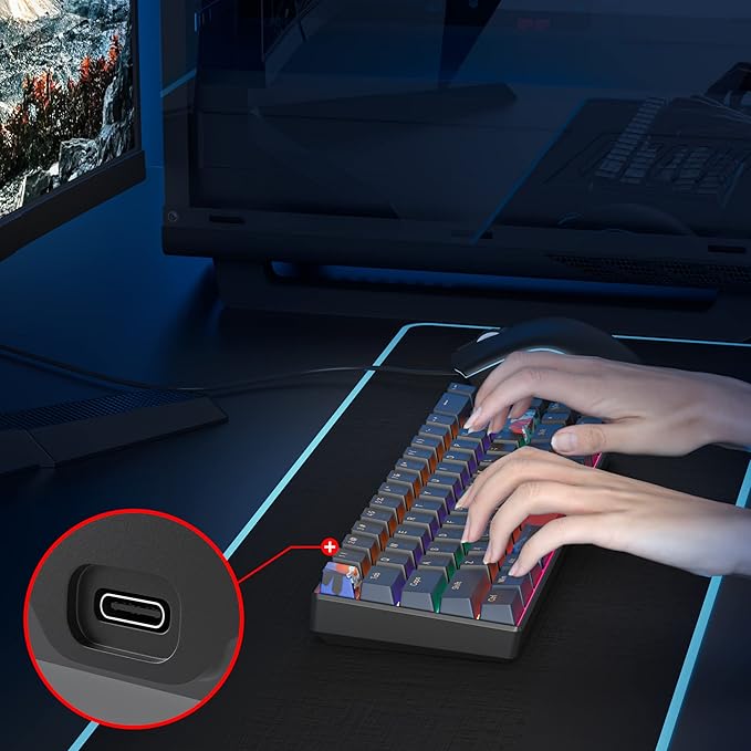 60 Percent Gaming Keyboard Mechanical with Linear Red Switch 65% Wired Ultra-Compact Mini Keyboard Rainbow with PBT Keycaps for Ps4/Ps5/Xbox(68 Blue)