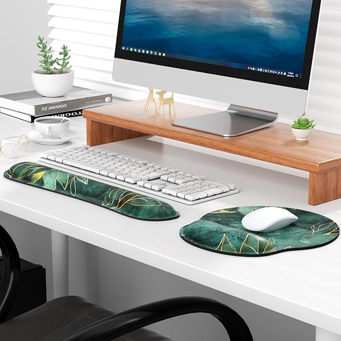 KTRIO Ergonomic Keyboard Wrist Rest Memory Foam Mouse Pad with Wrist Rest for Computer Keyboard Mouse Pad Set for Easy Typing &amp Pain Relief for Office &amp Home Green Leaves