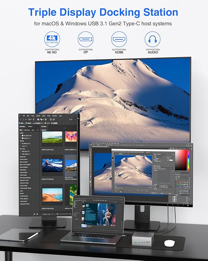 TOTU Upgraded Universal USB-C 4K Triple Display Docking Station with Charging Support for MacBook Pro &amp Windows Type C Systems (2 4K DP HDMI 6 USB Ports 60W USB PD)Extended Display for macOS