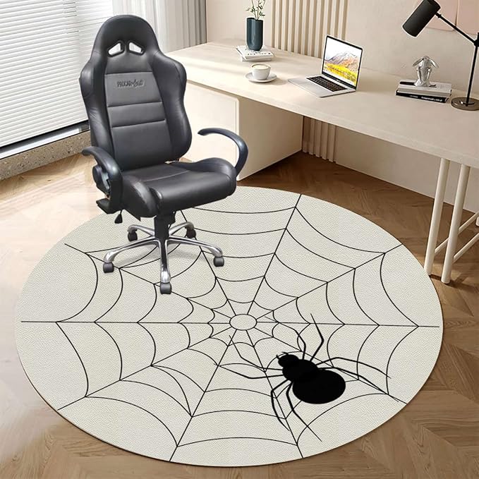 Black White PU Leather Carpet for Hard Wood &amp Tile Floor Cartoon Gothic Fairytale Elements Easy Glide Floor Protector Mat for Office Chairs Animal Diameter 55 in
