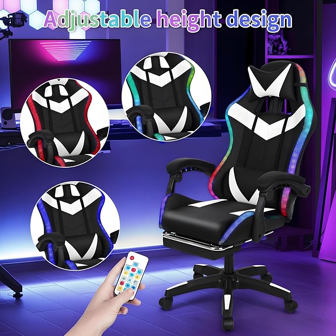 Gaming Chair with Bluetooth Speakers LED Light Adjustable Height Retractable Footrest &amp Massage Lumbar Support - Ergonomic Office Computer Chair for Adults Gamers Internet Cafe Home Black