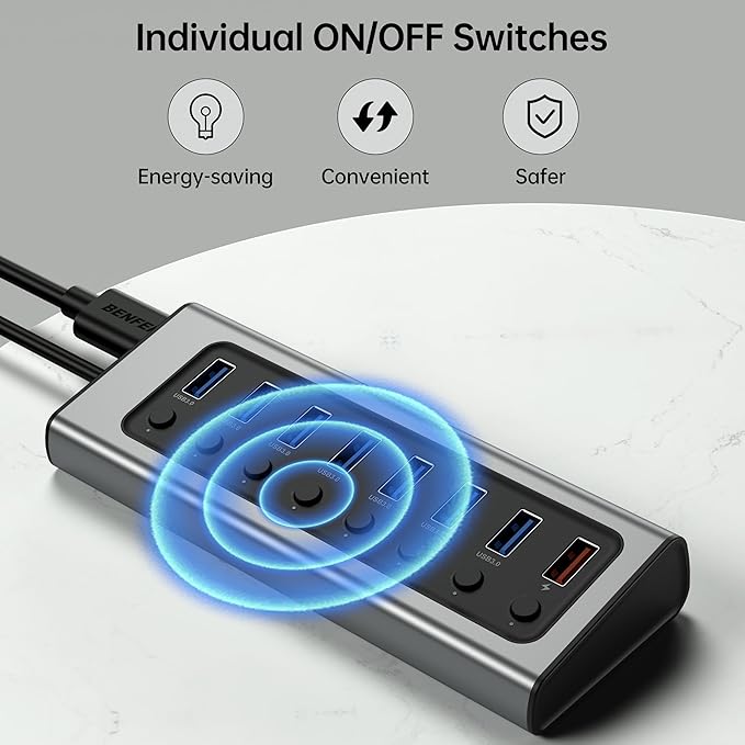 BENFEI 7-Port USB 3.0 Data Hub with BC 1.2 Charging Port 45W GaN Super Fast Charger Dual Type C