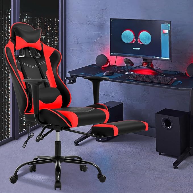 Red PC Gaming Chair Ergonomic Racing Office Chair Video Game Chair Massage Lumbar Support with Arms Footrest &amp Headrest Nice Chic Desk Chair Adjustable Best Home Office Chair