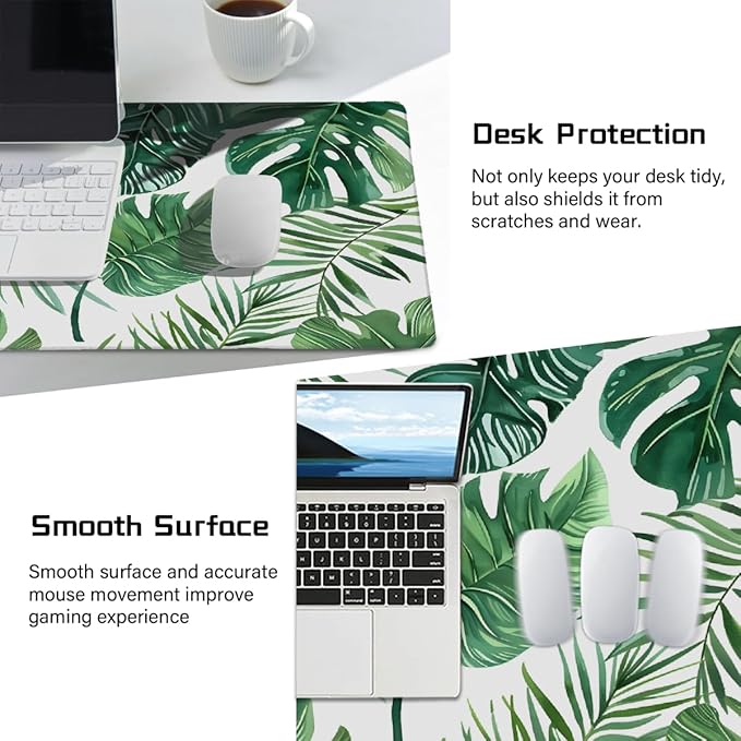 Summer Palm Leaf Large Mouse Pad Gaming Mousepad Desk Mat for Desktop Computer Keyboard Waterproof Mouse Mat Desk Pad with Non-Slip Base for Game School Office Home 35.4 x 15.7