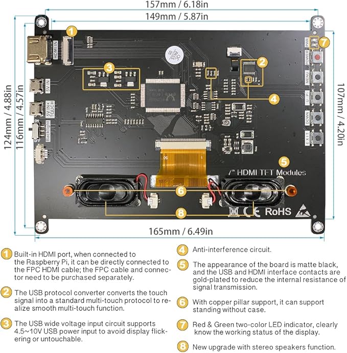 7 inch Raspberry Pi Monitor Touchscreen with Case Touch Display 7 inch LCD Screen 1024x600 IPS Small HDMI Monitor Speakers for Win Driver Free
