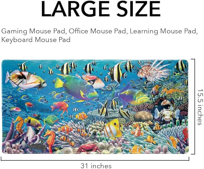 Ocean Coral Reef Angel Clown Fish Diving Large Gaming Mouse Pad Desk Mat with Stitched Edges Non-Slip Base