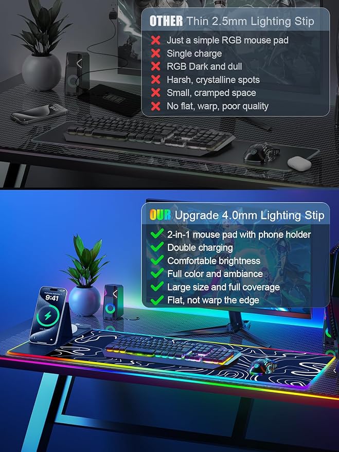 XXL Mouse Pad with Foldable Phone Holder - Black RGB Desk Mat with 15W Fast Charging LED Gaming Mousepad with 11 Light Colors Waterproof Non-Slip Pad (Stand-XXL RGB Topographic)