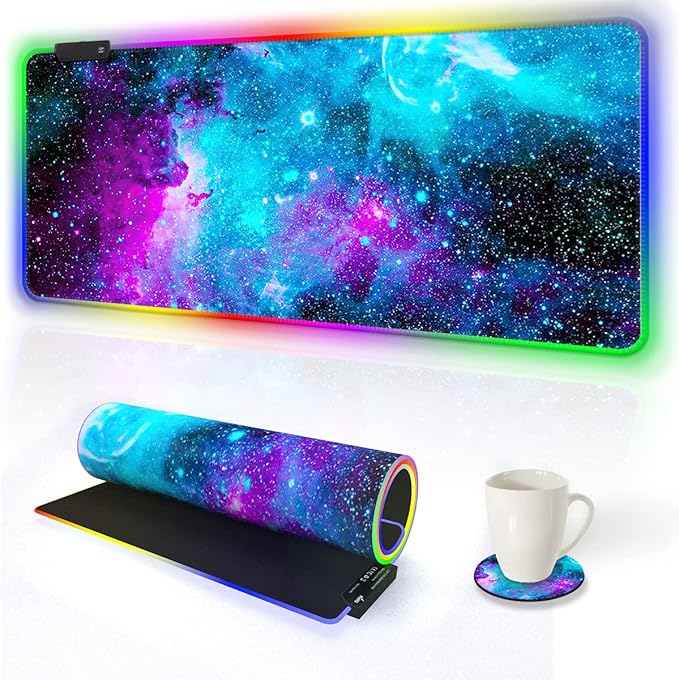 AIMSA RGB Gaming Mouse Pad Extended Large Led Mousepads Non-Slip Rubber Base with 14 Lighting Modes Computer Keyboard Mat Soft Desk pad Waterproof 35.4 x 15.8 inches Galaxy Nebula Universe