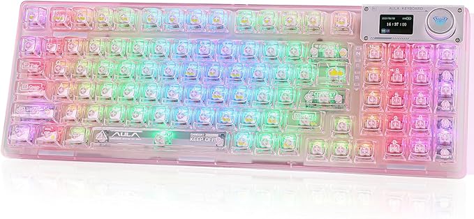 F98 Pro 95% Hot-Swappable Mechanical Keyboard – Transparent Keycaps RGB Backlit Gaming Keyboard Tri-Mode BT5.0/2.4G/USB-C OLED Display 4000mAh Battery Pink