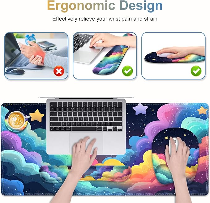 Mouse Pad with Wrist Support 4 in1 Set XXL Big Game Mousepad + Keyboard Wrist Rest + Mouse Wrist Rest Pad +Coaster Gaming Mat for Home Office Work Computer Laptop I Colorful Clouds Starry Night