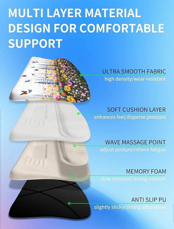 Ergonomic Wave Wrist Rest with Keyboard Stand Cushioned Palm Rest Comfortable Integrated Memory Foam for Natural Typing and Relieve Wrist Pain Flowers and Butterflies