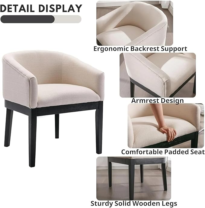 Adjustable Office Computer Chair with Armrest 1pcs Linen Fabric Upholstered Armrest Dining Chairs with Wooden Legs(White)
