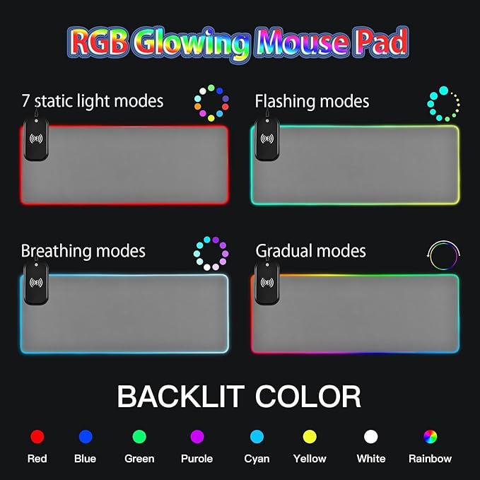 Grey Mouse Pad Gaming Mousepad Non Slip Desk Mat Wireless Charging Computer Mouse Pads RGB Keyboard Pad Mats for Home Desktop Office 35.4 x 15.7 in