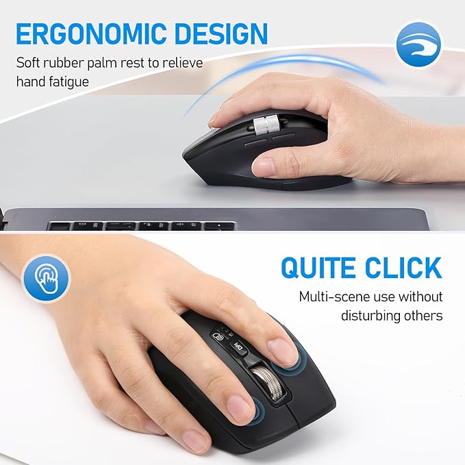Wireless Bluetooth Side Scroll Mouse with Multi-Device Ergonomic Computer Mice with Smart Flying Scroll Quiet Click 4-Level DPI for Computer Laptop iPad Tablet MacBook (Black)