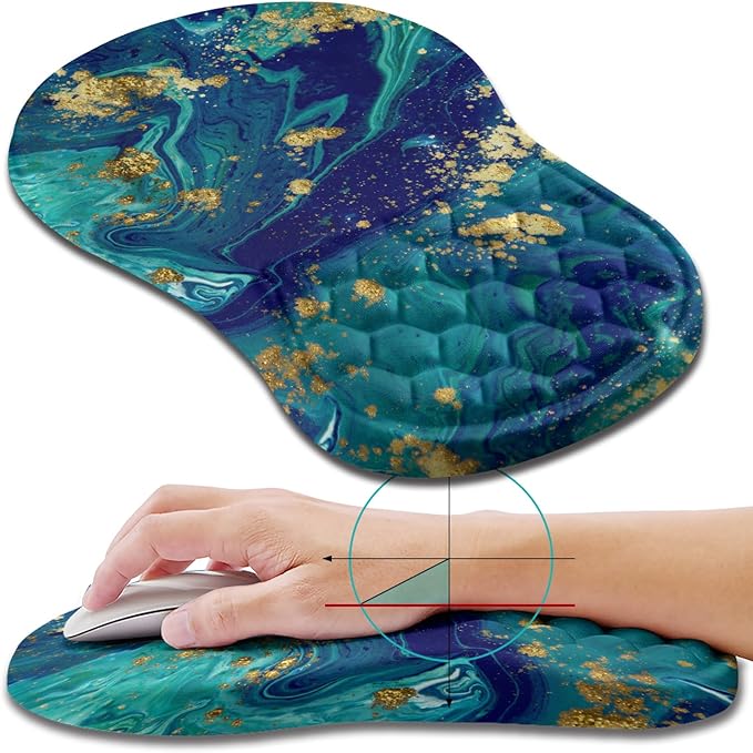 Hokafenle Ergonomic Mouse Pad Wrist Support Wrist Rest Mousepad for Carpal Tunnel Pain Relief with Integrated Memory Foam Slope Massage Bulge (11.8x7.9 inchBlue Gold