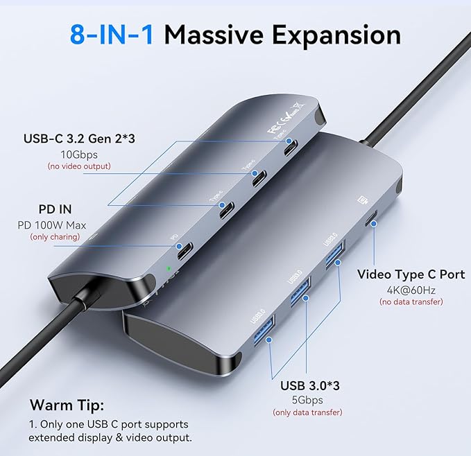 USB C Hub 10Gbps USB C Splitter with 4K@60Hz Video Output 100W PD Charging Data Transfer USB4 Multiport Dongle Adapter Extender for MacBook Pro/Air iPad Pro Dell HP and More Type C Devices