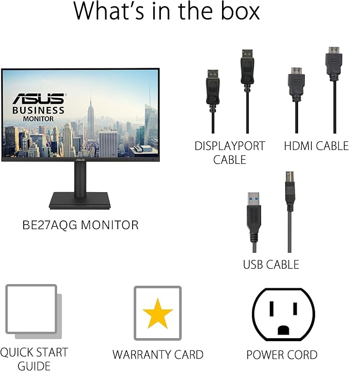 ASUS 27 1440P Business Monitor (BE27AQG) - QHD (2560x1440) IPS 120Hz Ergonomic Design Speakers Height Adjustable Power Sync Eye Care VESA Wall Mountable 3 yr Warranty TAA Compliant