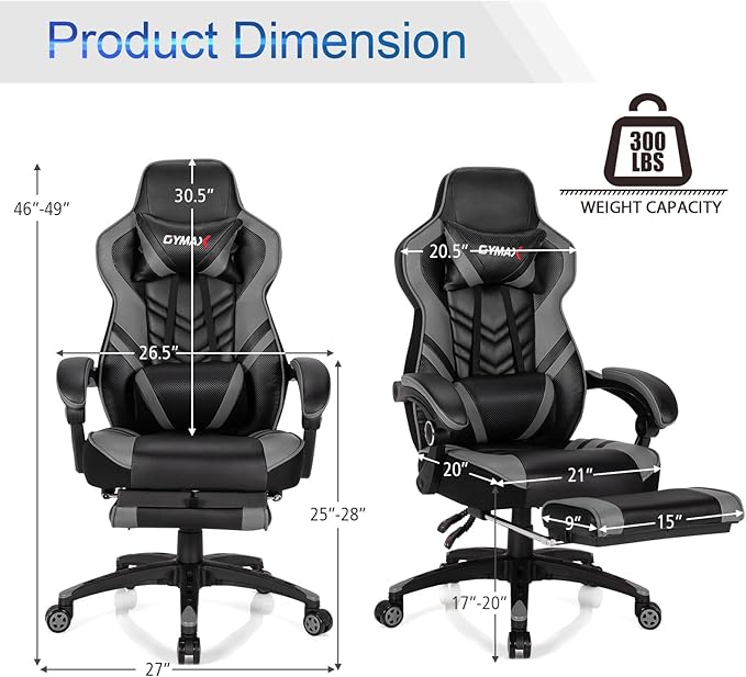 POWERSTONE Gaming Chair Video Game Chair with Footrest and Lumbar Support Racing Style PU Leather Computer Chair Ergonomic Adjustable Swivel Task Chair Gray