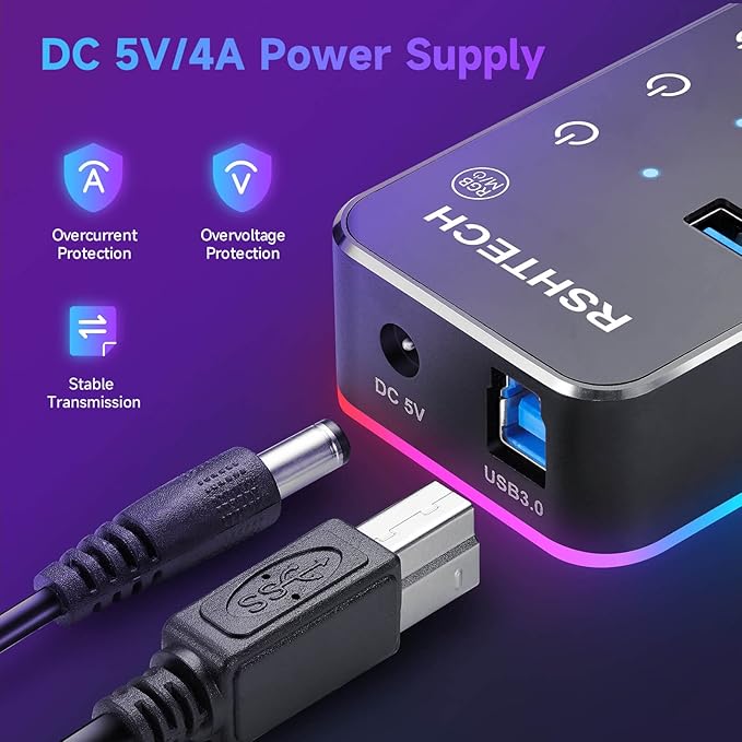 Powered USB Hub RSHTECH RGB 7 Ports USB 3.0/USB C Hub with 14 Mode RGB LED Strip Individual Touch Switches 3.3ft Cable and 5V/4A Power Adapter Aluminum Gaming USB Hub for PC and Laptop RSH-518R