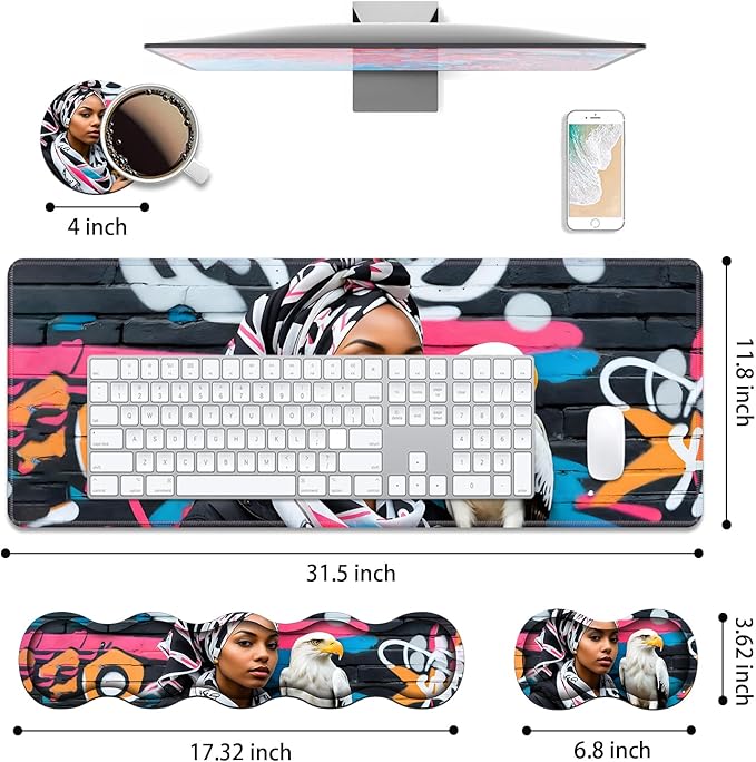 4 in 1 Ergonomic Keyboard Wrist Rest &amp Mouse Pad Wrist Rest Set Large XXL Gaming Desk Mat 31.5x 11.8 with Non-Slip Base Memory Foam for Home Office Study Gaming American Black Girl Bald Eagle