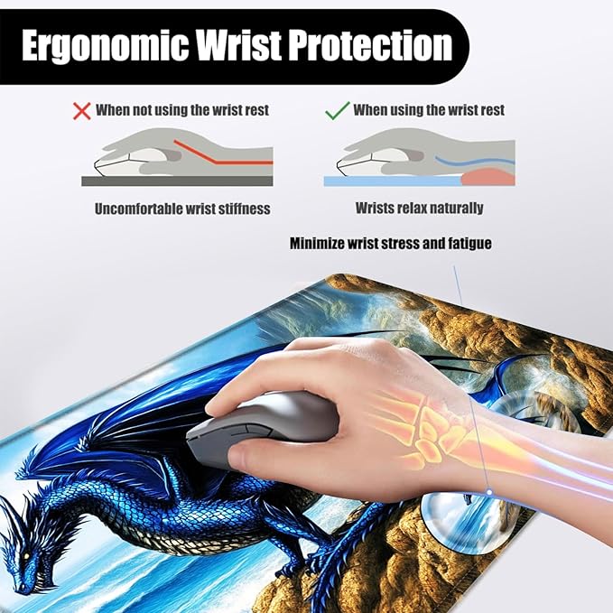 Mouse PadLarge Desk Mat Set 4in1 XL Mousepad + Keyboard Wrist Rest+Mouse Wrist Rest+Coaster with Ergonomic Desk Pad for Home Office Table Computer Cover -Blue Dragon on Seaside Rocks